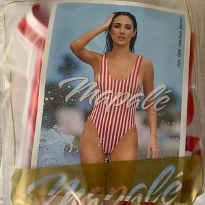 Red and white striped one piece bathing suit